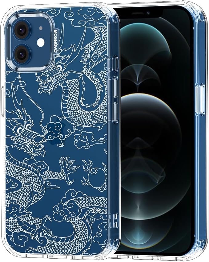 MOSNOVO Case for iPhone 12 & iPhone 12 Pro, [Buffertech 6.6ft Military-Grade Drop Protection] [Anti Peel Off Tech] Clear TPU Bumper Phone Case Cover Design - White Dragon