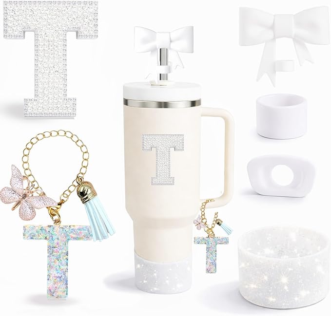 6PCS White Stanley Cup Accessories Set Fit for Stanley Cup 30oz 40oz. Including Handle Charm, Personalized Initial Sticker, Straw Topper, Sparkly Silicone Boot, Spill Proof Stopper (Letter-T)