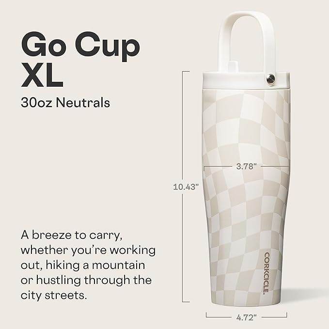 Corkcicle Go Cup XL - Leak-Proof Travel Tumbler - Triple Insulated Stainless Steel Water Bottle - Easy-Carry Handle - Summer Drinkware Gift - Keeps Drinks Ice Cold - 30 oz - Wavy Checkerboard