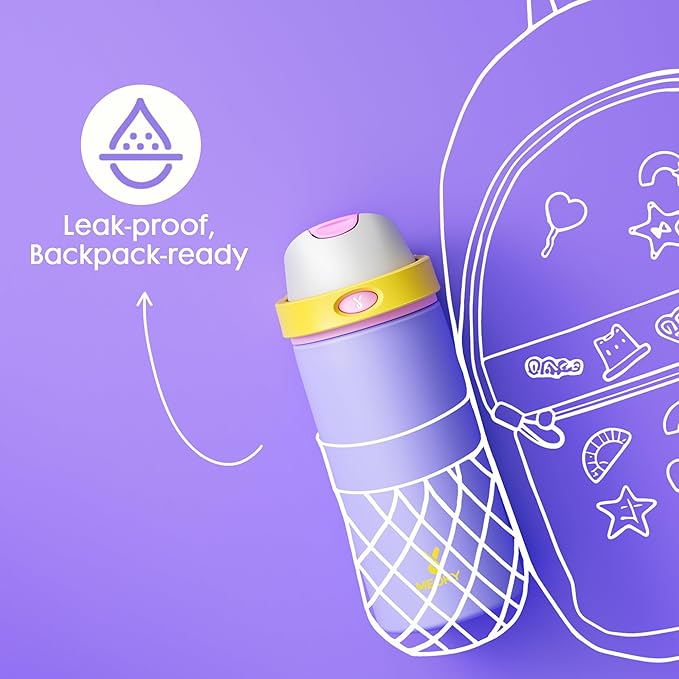 18 oz Insulated Water Bottle for Travel: Meoky Stainless Steel Kids Water Bottle with 2-in-1 Straw and Spout Lid - Leak Proof, Fits in Car Cup Holder, BPA-Free for Gym School, Starry Lilac