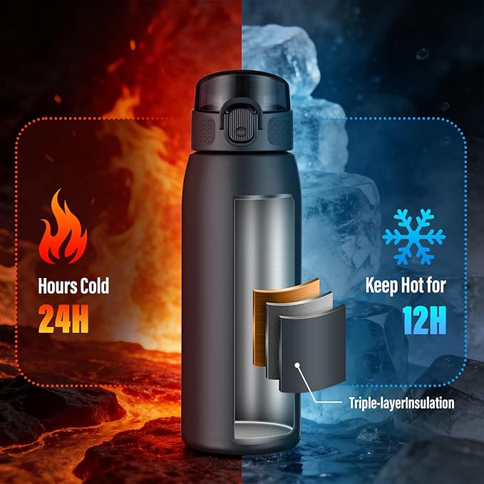 Insulated Water Bottle 18 oz with Dustproof Lid, Carry Handle & Tea Infuser, BPA-Free & Leakproof, Stainless Steel Water Bottles Ideal for Fitness, Hiking, Office & Outdoor Use （Cold Gray ）