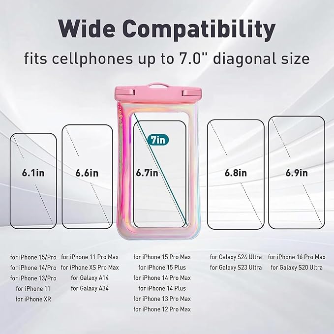 Floatable Waterproof Phone Pouch Case 2 pax for iPhone 17 16 Pro Max/15/14/13/12, IP68 Travel Cellphone Dry Bag Beach Cruise Ship Essentials Bags with Crossbody Lanyard, Iridescent Pink and Blue-7″