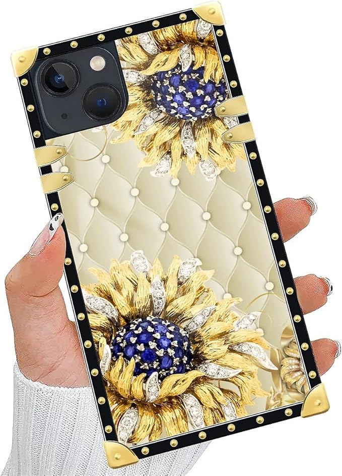 Compatible with iPhone 13 Case, Sunflower Diamonds Leather Luxury Golden Decoration for Girl Women Soft TPU Shockproof Protective Hard PC Back for iPhone 13