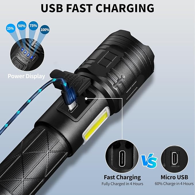 taoquwe Rechargeable LED Flashlights High Lumens, 99,000 Lumen Super Bright Flashlight with 7 Modes & Waterproof, Powerful USB Rechargeable Handheld Flash Light for Camping Home(2 Pack)