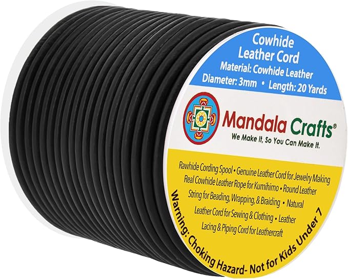 Mandala Crafts Round Cowhide Genuine Black Leather Cord for Jewelry Making Kumihimo Leather Rope Spool - Black String Lace - 20 Yds 3mm Cording