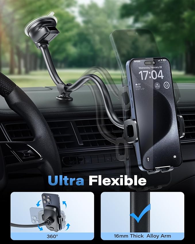 1Zero Solid Car Truck Phone Mount Holder with 14-Inch Gooseneck Long Arm, Windshield Window Mobile Holders w/Industrial-Strength Suction Cup, Anti-Shake Stabilizer Compatible All Cell Phones, Black