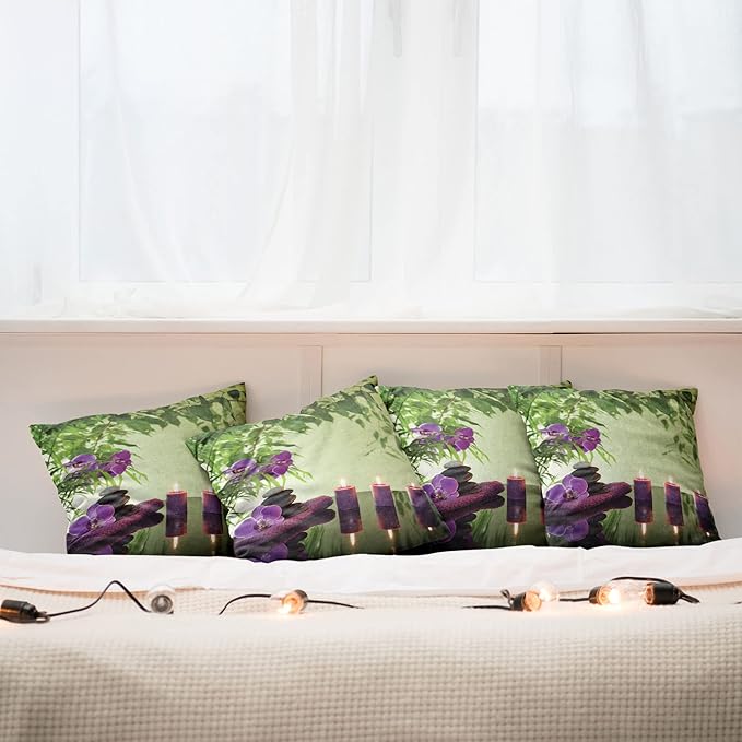 Ambesonne Spa Throw Pillow Cushion Case Pack of 4, Stones Aromatic Candles and Orchids Blooms Treatment Vacation, Modern Accent Double-Sided Digital Printing, 24", Green Purple