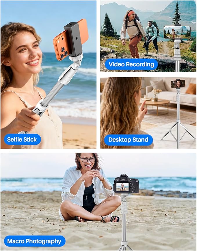67" Phone Tripod, MIIASI Extendable Tripod for iPhone, Selfie Stick with Remote and Phone Holder, Compatible with iPhone/Android/Camera, Light Stand (Silver)