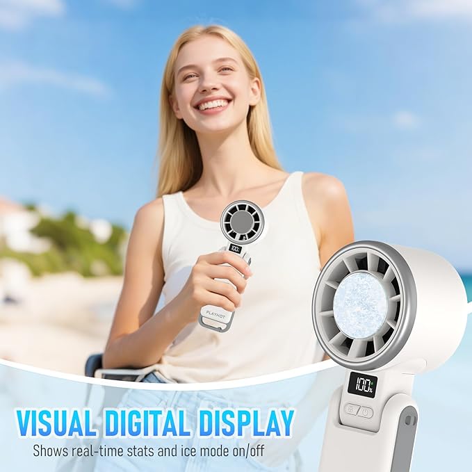 PlayHot Upgraded Portable Handheld Fan with 60°F Ice Cooling, Up tp 12Hrs Personal Fans Portable Rechargeable, 5 Speed 25550RPM Powerful Portables Fan Handheld, Hand/Neck/Desk Fan 3 IN 1(White)