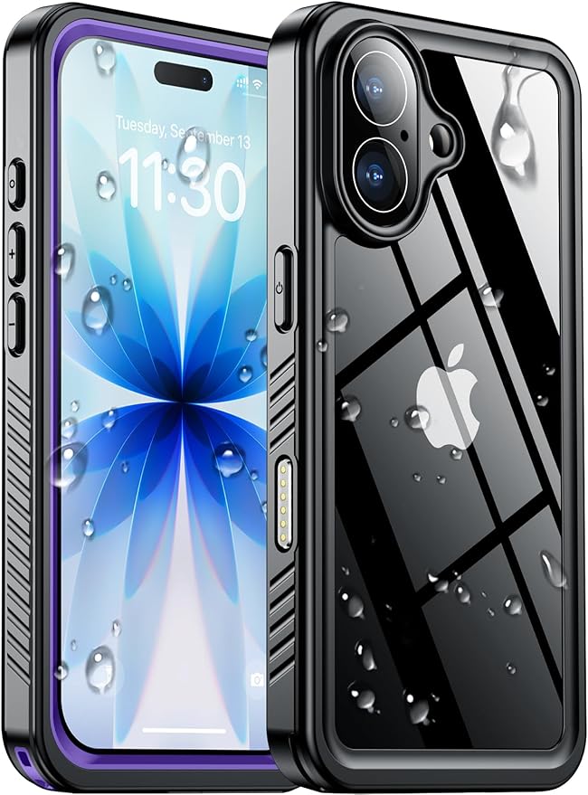 SPIDERCASE for iPhone 17 Case Waterproof, Built-in Lens & Screen Protector, Full Heavy Duty Protection, 12FT Military Shockproof, Dustproof, Anti-Scratched Phone Case,Purple/Clear