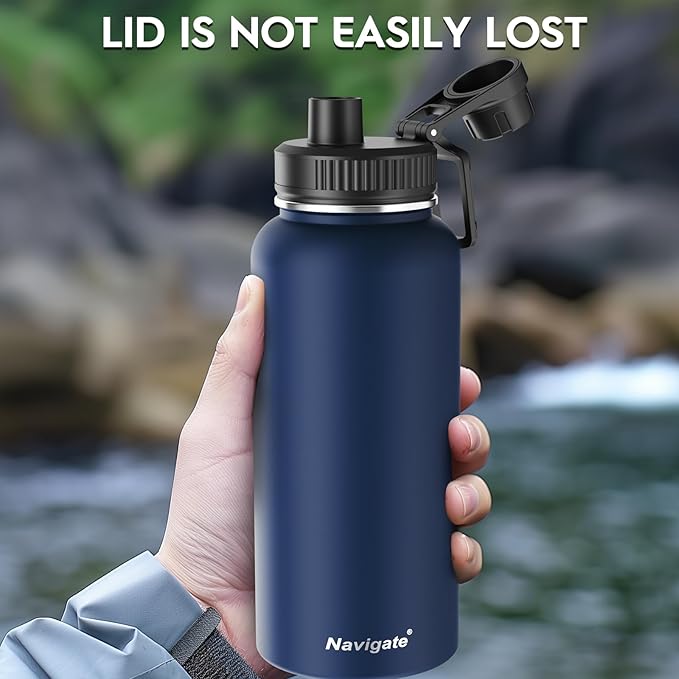 Navigate 32 oz Insulated Stainless Steel Sports Water Bottle with Spout & Handle Lids,Wide Mouth Water Jug with Double Walled Leak Proof Keep Cold for 24 Hrs Hot for 12 Hrs,Dark Blue