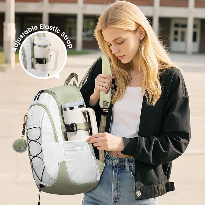 LOVEVOOK Mens Backpack with Giant Tumbler Holder Pocket,18 Inch Everyday Laptop Backpack Commuter Travel Work Computer Bag for Women,Casual Hiking College Teacher Back Pack Daypack,White-Bean Green
