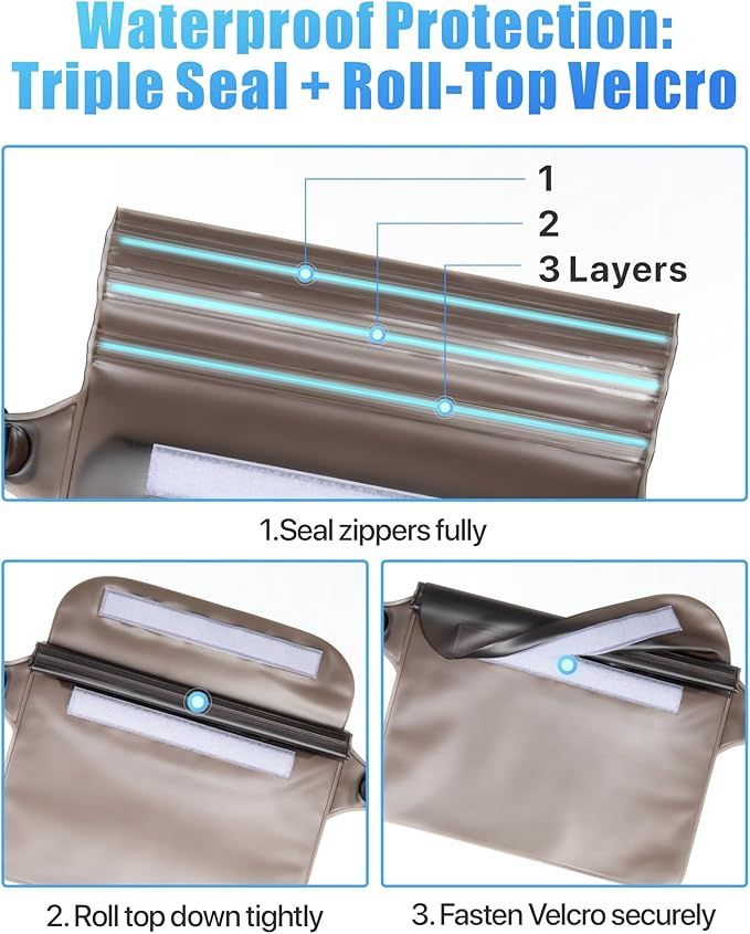 F-color Waterproof Fanny Pack - Cruise Essentials 2026 - Waterproof Pouch with Adjustable Waist Strap, Triple Zipper Roll-Top Dry Bag for Phone, Keep Passport Valuables Dry for Beach Kayaking Boating
