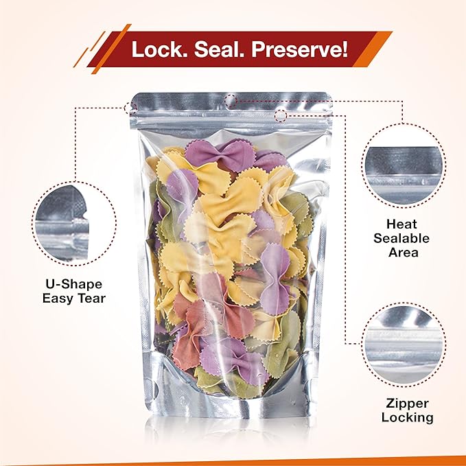 BELLE KR® Mylar Bags for Food Storage- Pack Of 100 (30 Pieces 4"x6" and 5"x8" and 40 Pieces 6"x9") Resealable Mylar Ziplock Bag with 7.5mil Thickness with Labels