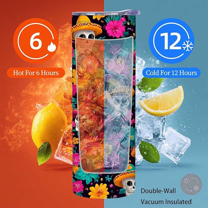 Firmiso 20 oz Tumbler｜Skinny Insulated Travel Mug｜Sombrero Skull Floral Stainless Steel Cup with Leak Proof Lid and Telescopic Straw｜Colorful Gothic Boho Drinkware｜Gift Idea for Women Men