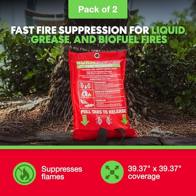 2-Pack Emergency Fire Blanket - ASTM Certified Fire Suppression Blanket for Home, Kitchen, Grill, Camping, Car & More - 40" x 40" Flame Retardant Fabric, No Mess, Easy Deployment