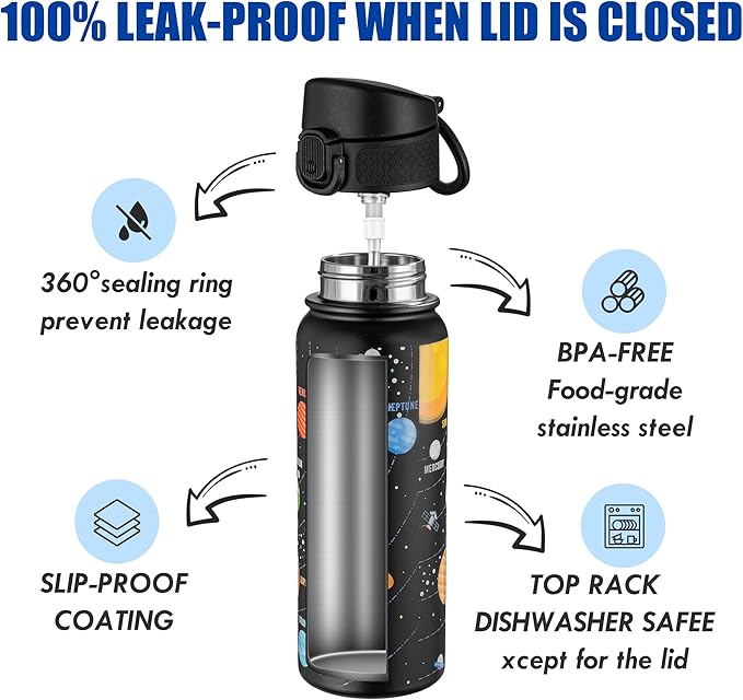 OLDLEY 20 Oz Insulated Stainless Steel Water Bottle For Kids, With Straws Leak-proof, Kids Water Bottles For School Boys Girls,Solar System