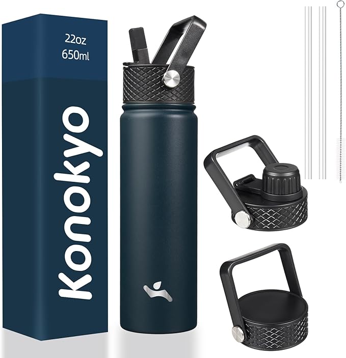 Konokyo 22oz Stainless Steel Bottles with 3 Lids Sport Insulated Water Bottle,Navy Blue