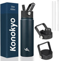 Konokyo 22oz Stainless Steel Bottles with 3 Lids Sport Insulated Water Bottle,Navy Blue