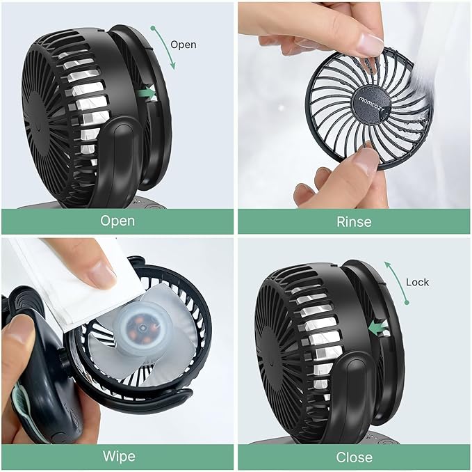 Momcozy Portable Stroller Fan with Clip | 4-Speed Mini-Fan for Carrier | Personal Fans Ultra Light 0.26lb | Gaps ≤4.5mm | Handheld Cooling | Rechargeable Rotate for Diaper Backpack/Table/Chair