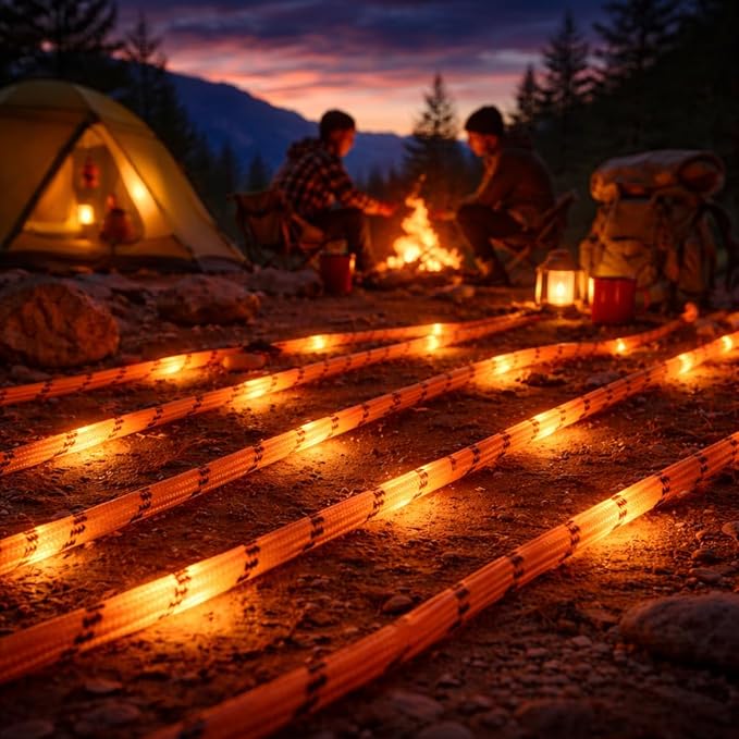 Solar Luminous Paracord Rope, 23ft Solar-Powered Orange Glow Rope with Remote, 8 Lighting Modes + Timer, 500 mAh Battery, IP66 Waterproof for Outdoor Camping