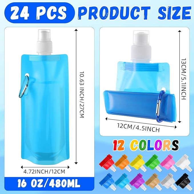 Teenyyou 24 Pack Collapsible Water Bottles Bulk 16oz Foldable Water Bottles with Carabiner Reusable Drinking Leak Proof Container Bags for Sport Biking Hiking Camping Travel Outdoor (12 Colors)