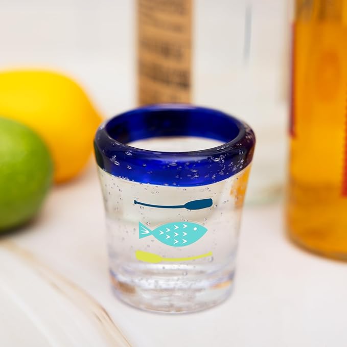 Pavilion Gift Company - Oars & Fish - 2.5oz Shot Glass River Cabin Outdoors Bubble Shot Glass Kitchen Drinkware Glassware