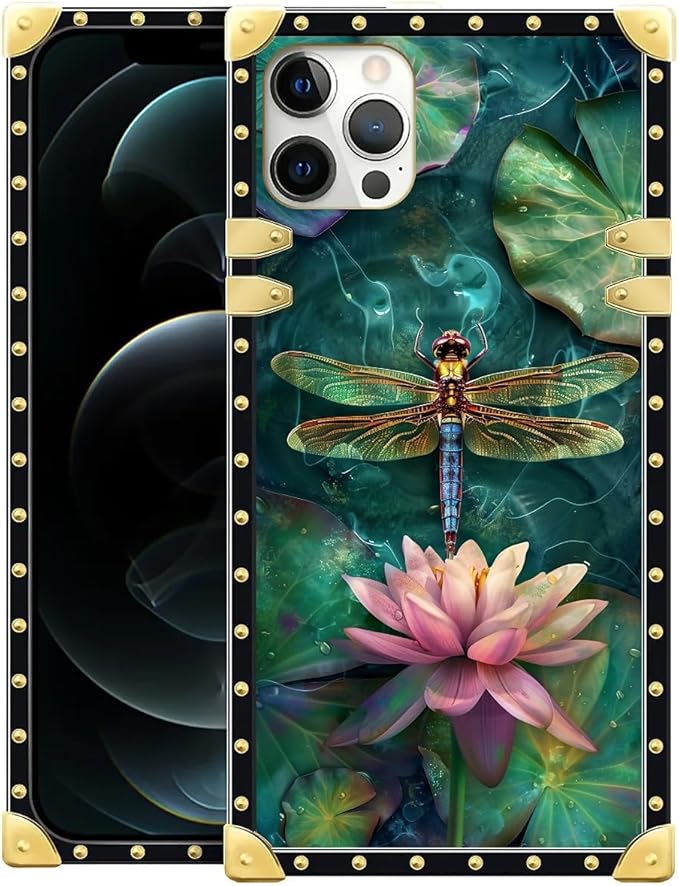 Compatible with iPhone 11 Pro Max Case, Colourful Dragonfly Pink Lily Pads Luxury Golden Decoration for Girl Women Soft TPU Shockproof Protective Hard PC Back for iPhone 11 Pro Max