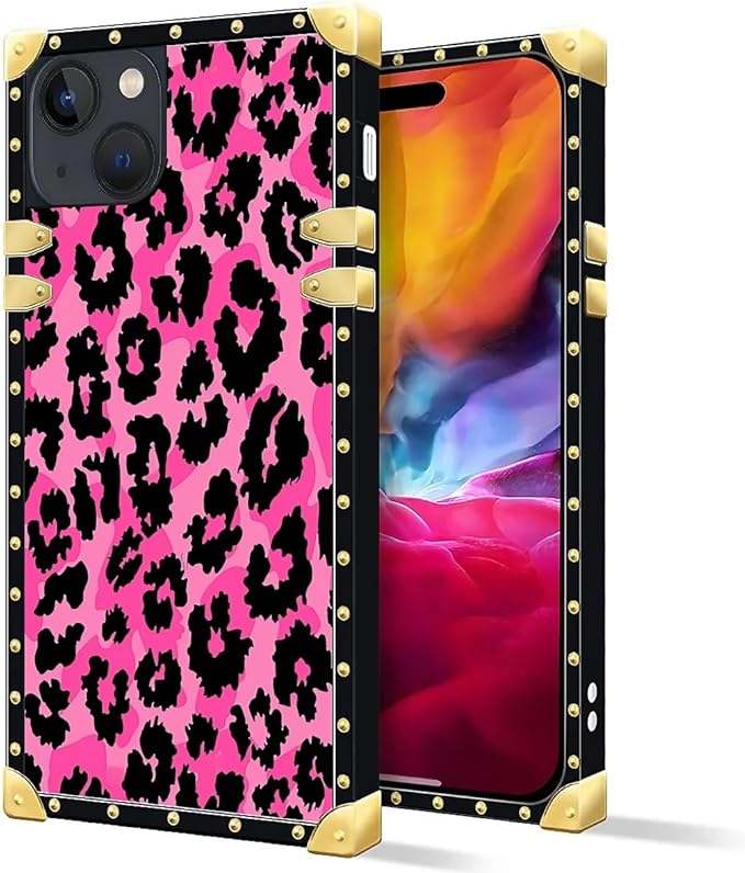 Compatible with iPhone 15 Case, Pink Black Leopard Luxury Golden Decoration for Girl Women Soft TPU Shockproof Protective Hard PC Back for iPhone 15