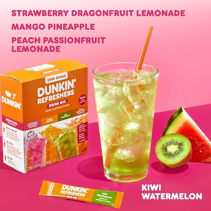 Dunkin’ Refreshers Singles To Go! Powdered Drink Mix, 40 Ct Variety Pack, 40 Single-Serve Packets, Energy from Green Tea, Aspartame-Free, No Synthetic Colors, Naturally and Artificially Flavored, Just Add Water