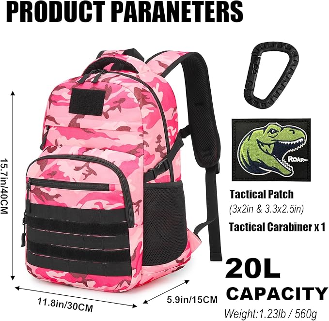 Kids Tactical Backpack Army Molle Bookbag Military Boys Backpack for School, Outdoor, Camping (Includes 2 Patches+1Carabiner), Pink CM