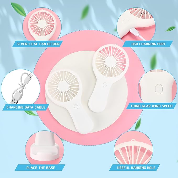 Woanger 12 Pcs Mini Handheld Fan Bulk 3 Speed USB Electric Battery Operated Small Portable Pocket Fan with Data Cable and Mounting Base Quiet Summer Gift for Wedding Camping Travel (White)