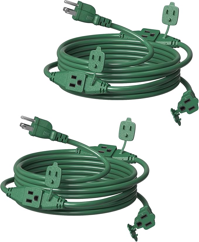 SURAIELEC 2 Pack 25 FT Outdoor Extension Cord with Multiple Outlets, 3 Outlet Multi Plug Cord, 16/3 Gauge SJTW, Weatherproof for Landscape, Christmas Tree Lights, Halloween, Holiday Decoration, Green