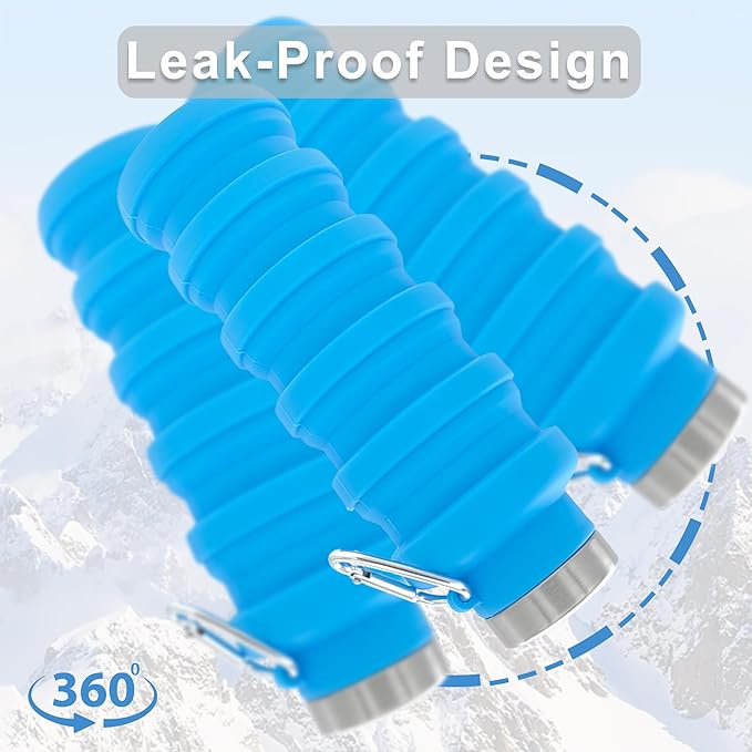 YCT Collapsible Water Bottle 17oz（500ml），Travel Portable Sport Water Bottle，Reusable Silicone Foldable Water Bottles for Gym Camping Hiking (Black+Blue)