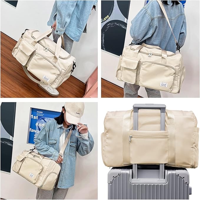 Suruid Sports Gym Bag with Shoes Compartment Travel Duffel Bag with Dry Wet Separated Pocket for Men and Women, Overnight Bag Weekender Bag Training Handbag Yoga Bag - Off White