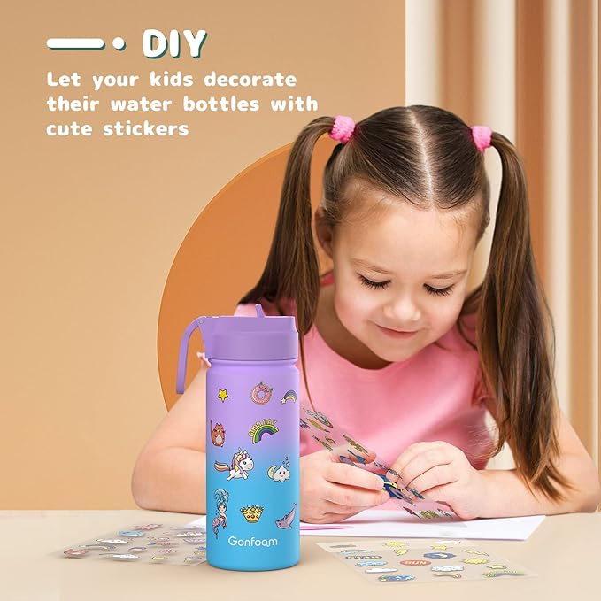 Kids Water Bottle, 16oz Water Bottles with Straw and Stickers, Stainless Steel Vacuum Double Wall Insulated cup, Kids Water Bottle for School, Gifts for Girls(Purple and Blue)
