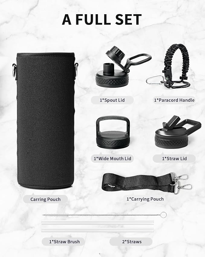 Trebo Water Bottle 40oz with Paracord Handle, Half Gallon Large Vacuum Triple Wall Stainless Steel Insulated Water Jug with Holder Strap Straw Spout Lids, Leakproof Keep Cold & Hot,Starry White