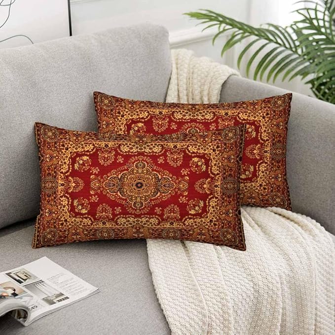 Red Oriental Persias Couch Pillow Covers 12 X 20 Boho Set of 2 Pillowcases Rectangular Velvet Outdoor Cushion Pillow Cases Decorative for Home Bed Sofa Couch Hotel