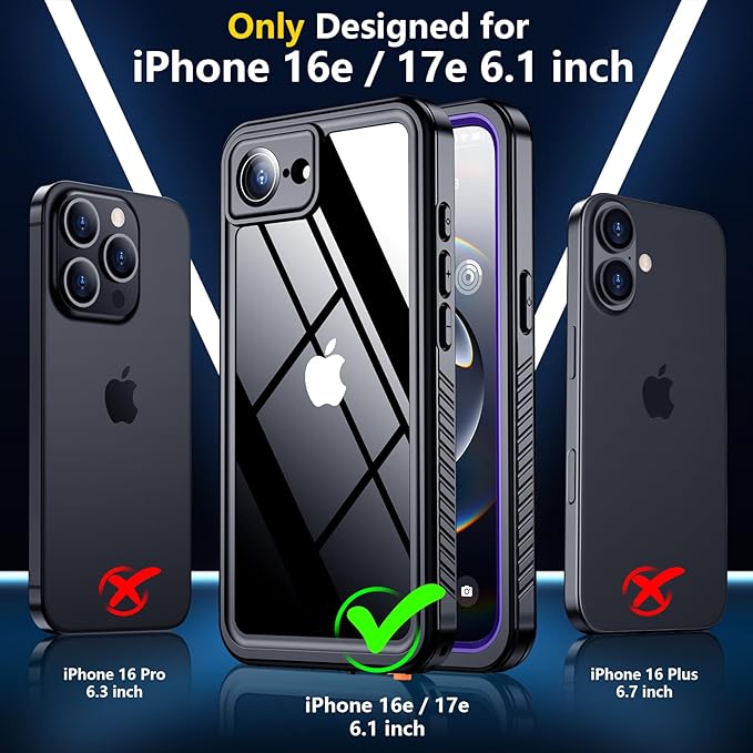 SPIDERCASE for iPhone 16e Case/iPhone 17e Case Waterproof,Built-in Screen & Camera Lens Protector[IP68 Underwater] Full Body Protection Phone Case for iPhone 16e/iPhone 17e 6.1'', Purple/Clear | Waterproof, Built-in Screen, IP68 Underwater