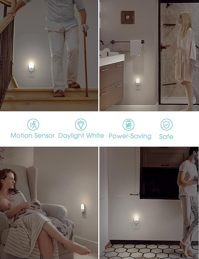 L LOHAS LED Motion Sensor Night Light, [2 Pack] Motion Activated Night Light, Daylight White, Adjustable Brightness, Motion Sensor Light Indoor Plug in for Nursery, Kids, Bedroom, Bathroom Nightlight