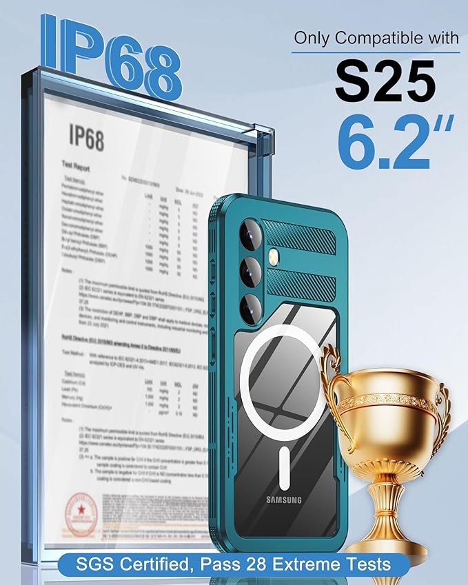 for Samsung Galaxy S25 Waterproof Case, [Fit for Magsafe] [IP68 Water Proof] [Built-in Screen Protector], Magnetic Heavy Duty Military Grade Rugged Phone Case for S 25 6.2", Teal