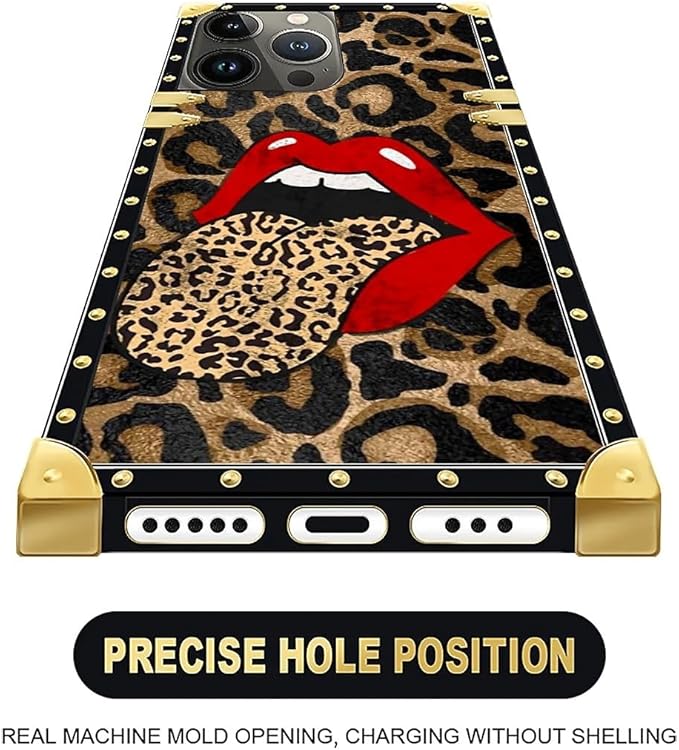 Compatible with iPhone 16 Pro Case, Brown Leopard Print Mouth Luxury Golden Decoration for Girl Women Soft TPU Shockproof Protective Hard PC Back for iPhone 16 Pro