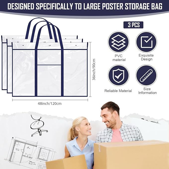 Windyun 3 Pack Large Poster Storage Bag 48" x 36" Bulletin Board Holder Art Portfolio Case PVC Art Portfolio Container Bulletin Board Storage Box with Pocket for Classroom Teacher Organization(Blue)