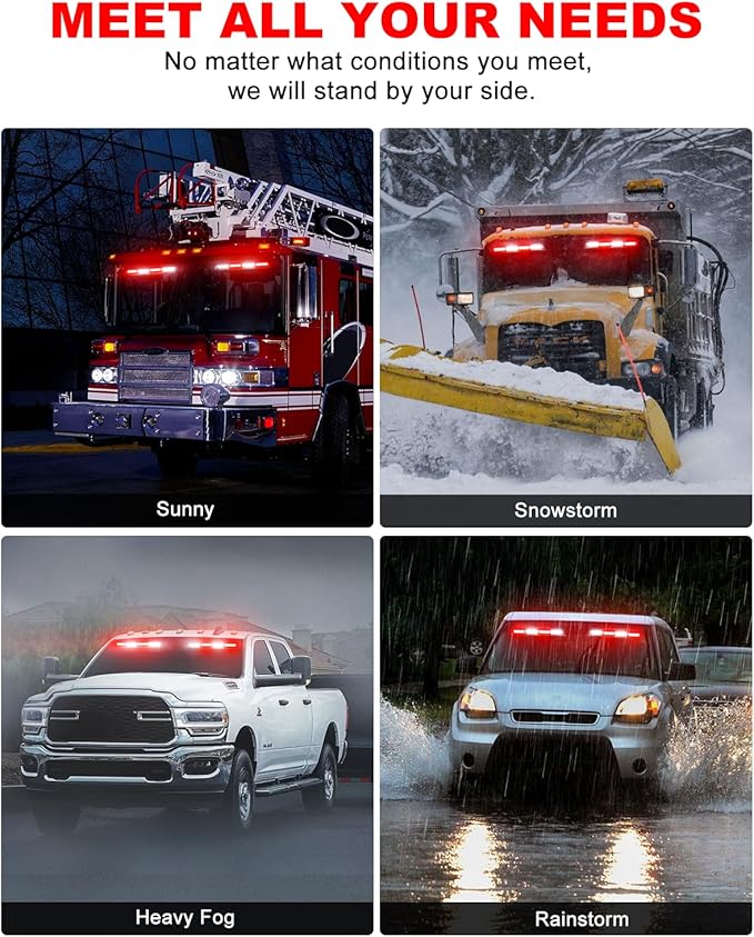 HLauto 6Z4J Emergency Dash Strobe Lights: 2x16.8 inch Red White Safety Lights, 48 LED Flashing Warning Hazard Interior Windshield Visor Traffic Light Bar for Trucks, Construction Vehicles
