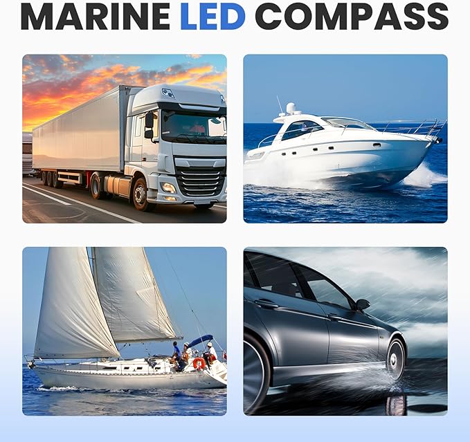 Boat Compass with Magnetic Declination Adjustment, Pivoting Marine Compass Multifunction Digital Navigation Dashboard LED Illumination & Backlight for Marine Boat Truck Car