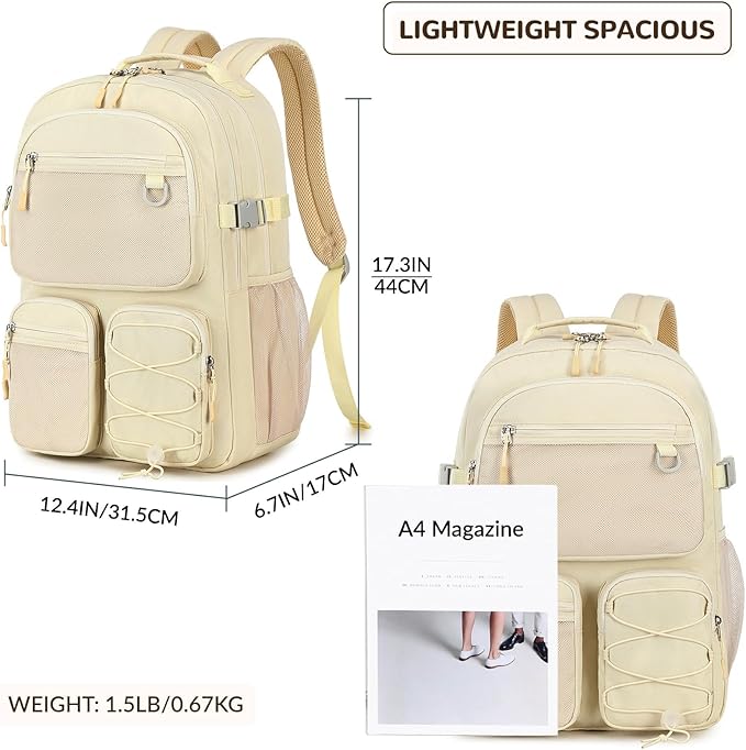 Lohol Water Resistant Backpack with Mulitiple Pockets for School Travel Outdoor College, 15.6 inch Laptop Bookbag for Girls and Women (Beige)