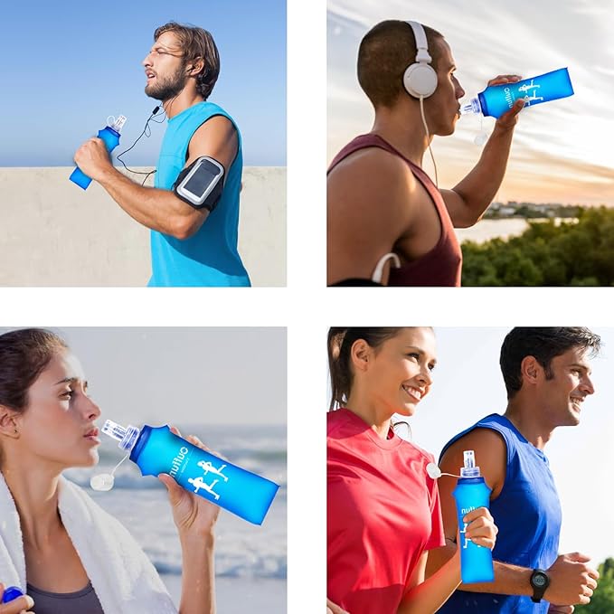 2 Pack Soft Water Bottle, TPU Collapsible Flask Foldable Bottles for Hydration Pack, BPA-Free, Running Lightweight Water Bottle for Outdoor Sports like Hiking Cycling Climbing Running (17OZ/500ml)