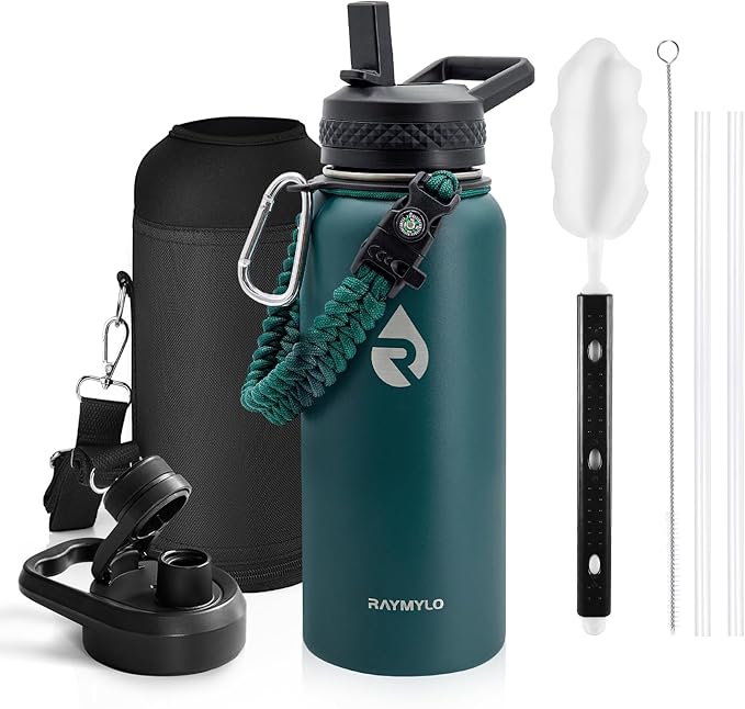 RAYMYLO Insulated Water Bottle 32 oz, Triple Wall Vacuum Stainless Steel (Cold for 24Hrs, Hot for 12Hrs), Leak Proof & Non-BPA, Modern Water Flask Jug with Paracord Handle & Straw Spout Lids