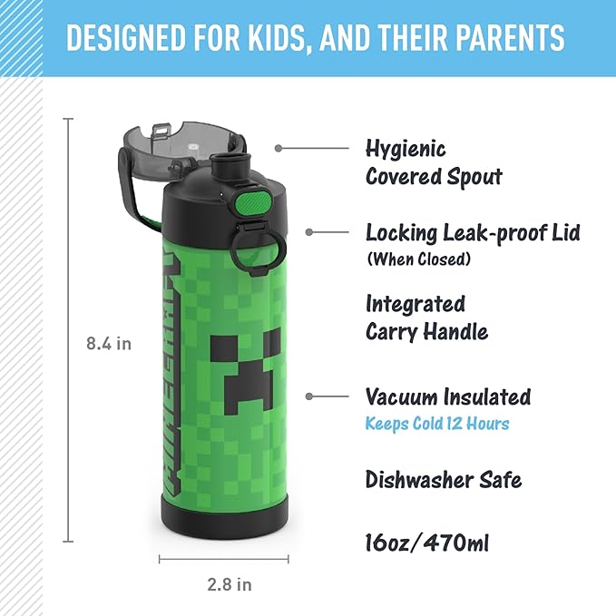 THERMOS FUNTAINER 16 Ounce Stainless Steel Vacuum Insulated Bottle with Wide Spout Lid,MINECRAFT,(Pack of 6)
