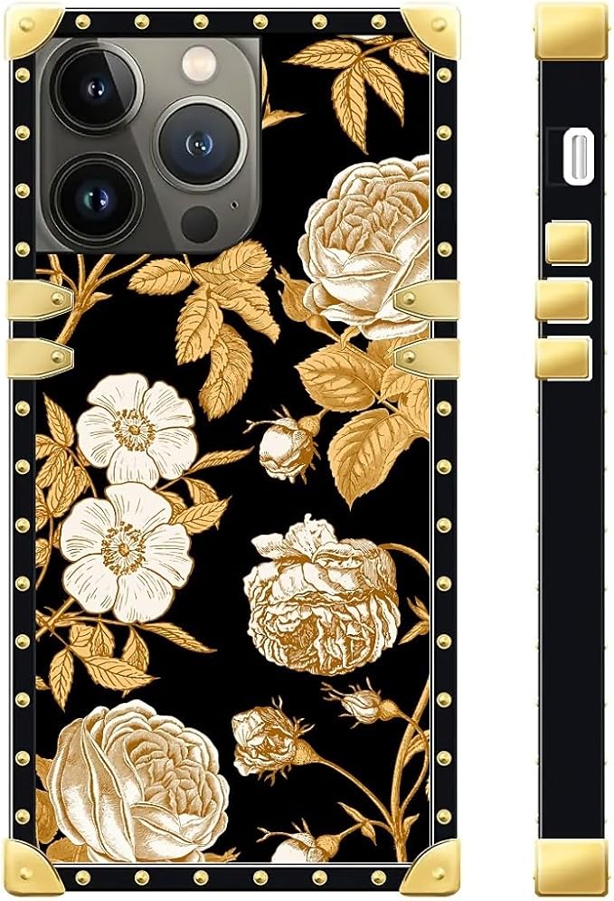 Compatible with iPhone 13 Pro Max Case, Blooming Rose Golden Flower Luxury Golden Decoration for Girl Women Soft TPU Shockproof Protective Hard PC Back for iPhone 13 Pro Max